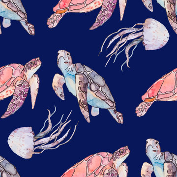Underwater sea pattern. Sea turtles and jellyfish. Ocean vector