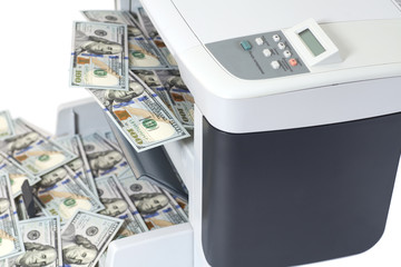 Printer printing fake dollar bills isolated on white background