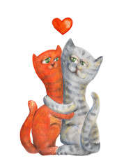 Two сats embrace with heart. Watercolor and gouache Illustration
