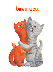 Two сats embrace. Love you. Watercolor and gouache Illustration