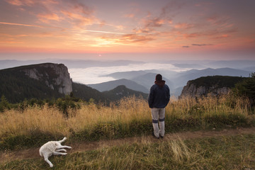 Man and his faithful friend the dog admire the mountain scenery - obrazy, fototapety, plakaty