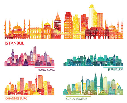 skyline detailed silhouette set (Istanbul, Hong Kong, Kuala Lumpur, Jerusalem, Johannesburg). Vector illustration