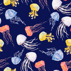 Fototapeta premium Colorful jellyfish. Sea pattern. Seamless pattern watercolor. Vector.