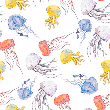 Colorful jellyfish. Sea pattern. Seamless pattern watercolor. Vector.