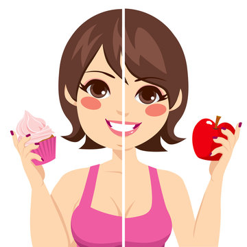 Illustration of woman face split before and after diet