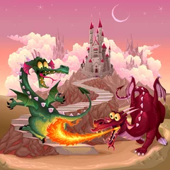 Fotobehang Grappige draken in een fantasielandschap met kasteel © ddraw