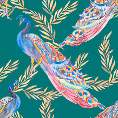 Obraz premium Beautiful peacock pattern. Vector. Peacocks and plants.