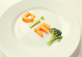 close up of plate with vegetable diet letters