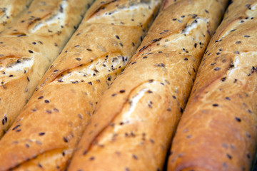 Fresh Baguette With Sesame Closeup