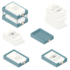 Vector Isometric office in and out trays. 
Office Paperwork and documentation Icons.