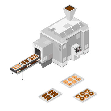 A vector illustration of a Factory cookie and cake machine.
Isometric Confectionery production line - large confectionery machine.