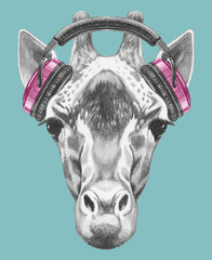 Portrait of Giraffe with headphones. Hand drawn illustration.