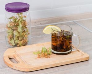 Hot cup of bio herbal tea of linden, Origanum and hypericum (sha