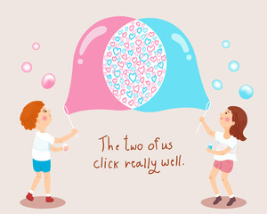 boy and girl blowing soap bubbles love concept illustration