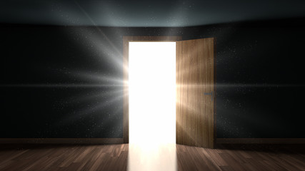 Light and particles in a room through the opening door.
