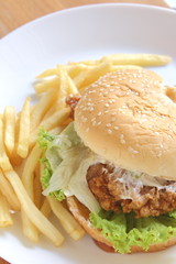 Burger and french fries.