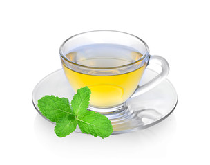 Cup of green tea with mint on a white background