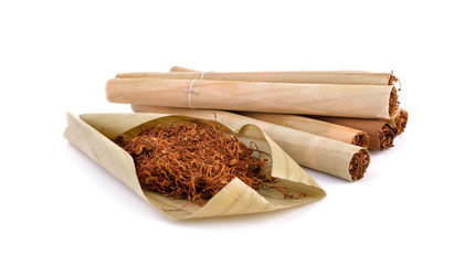 Tobacco  and cigarette on white background