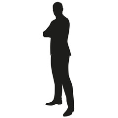 Businessman standing with arms folded, side view. Vector silhoue
