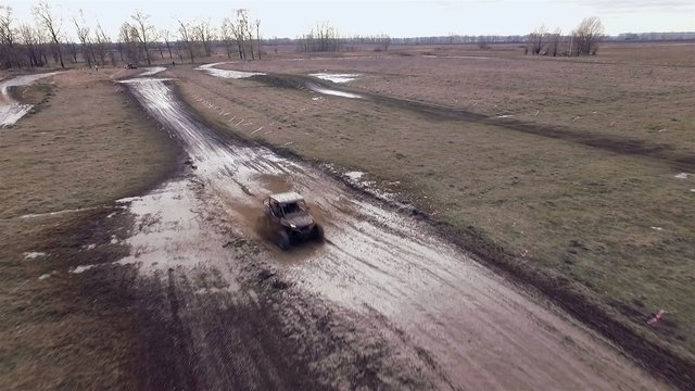 Aerial view of utv race. Mud track.
