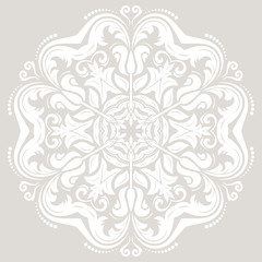 Oriental vector pattern with arabesques and floral elements. Traditional classic gray and white round ornament
