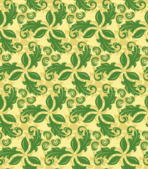 Floral vector ornament. Seamless abstract classic fine pattern. Golden and green wallpaper