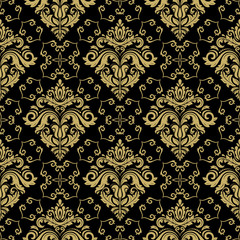 Seamless wallpaper in the style of baroque. Traditional vector pattern. Classic oriental black and golden background
