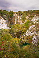 Stunning autumn view on the waterfalls and lakes in Plitvice national park, an UNESCO world heritage site, in Croatia. 