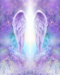 Lilac Angel Wings - beautiful pair of lilac Angel wings with white light flowing down between, floating on an intricate lace like lilac and turquoise colored energy formation background