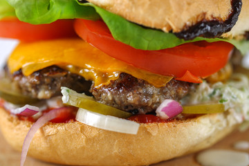 Tasty cheese beef burger with lettuce, cheddar, barbecue sauce, tomatoes, pickles and tzatziki