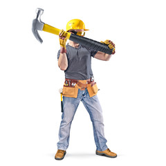 construction worker with tool belt and hammer