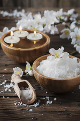 Fototapeta na wymiar SPA treatment with salt, almond and candles