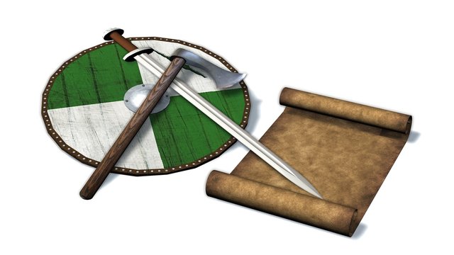 viking shield with sword, axe and parchment scroll on white