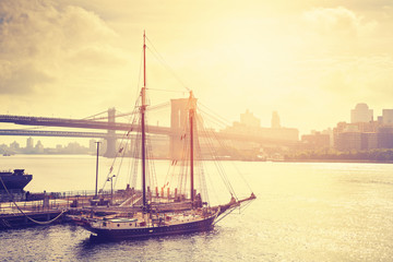 Retro stylized sunset over Hudson River in New York City