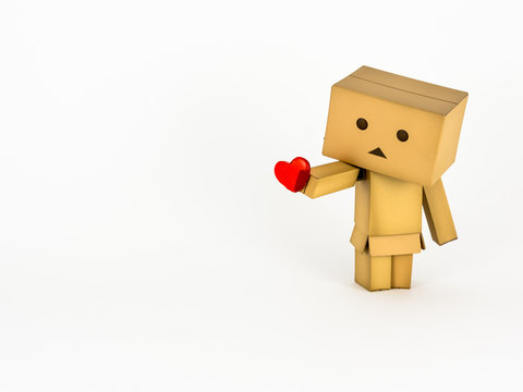 Cute Danbo character lovingly holds out a red heart.