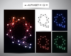 Molecule letter "Q" Trendy alphabet fonts of sparkling brilliants, vector illustration.