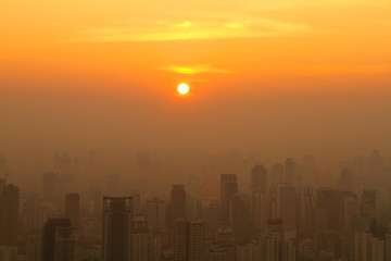 Aerial view of Bangkok downtown at misty sunrise, Thailand