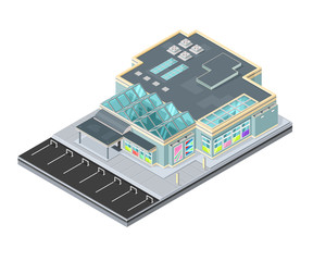 A vector illustration of a modern shopping mall icon. 
Isometric Shopping mall building illustration. 
