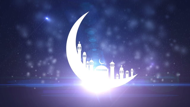 Islamic ramadan in white moon shape,blue particle background animation.Light ray effect. UHD 4k 3840x2160.
