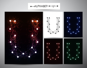 Molecule letter "U" Trendy alphabet fonts of sparkling brilliants, vector illustration.