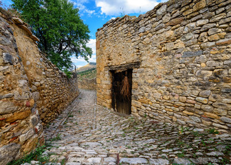 Mirambel medieval street on a summer day, the province of Teruel, Aragon, Spain.