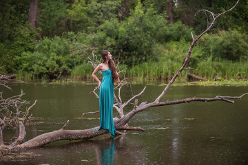 Fototapeta na wymiar girl wearing dress standing in river near forest