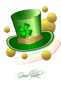 Holiday card with green hat, coins and clover on green background for St. Patrick's Day. March 17. Isolated on white. Good luck. Raster illustration