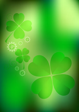 Blurred green lucky background with clover leaves and flowers. Raster illustration