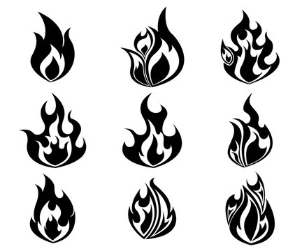 Set of Fire, Flames Icon In Black  and White Color