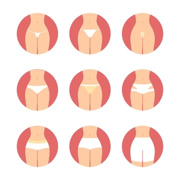 Various types of women panties. Underwear vector set. String, thong, tanga, bikini, cheeky, hipster, boyshorts, classic brief, slip, high waist illustration. Hosiery elements. Girl lingerie icons 