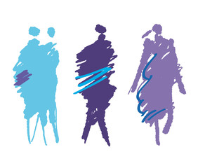 Mode - Drei Models in Fr&uuml;hlingsfarben - Silhouette, Kreativ in der Modewelt, Fashion und Design, modisch sein, Vektor isoliert