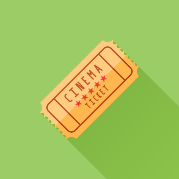 Retro cinema ticket flat icon with long shadow on green background
