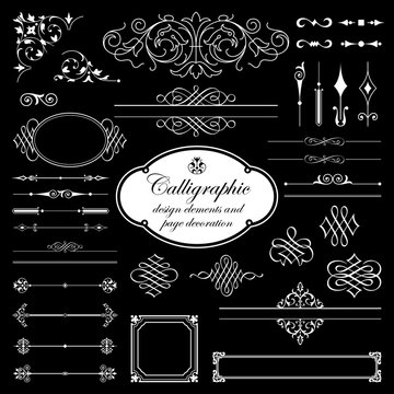 Calligraphic elements and page decoration for design isolated on black background - vector set