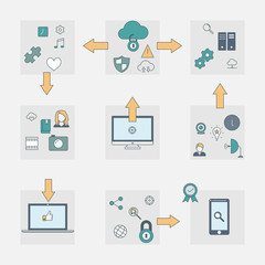 Concept of cloud computing and protecting data. Thin line icons